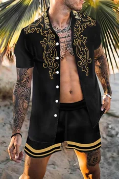 2023 Весенне-летняя новая мужская рубашка, пляжный костюм из полиэстера и жаккарда, повседневная мужская рубашка для вечеринок, пляжный комплект