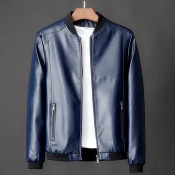 2023 Весенне-осенняя мужская куртка с воротником-стойкой из натуральной кожи тонкого сечения плюс бархатная модная мотоциклетная молодежная куртка большого размера