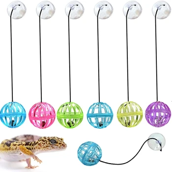 7 упаковок Игрушек-шариков с рептилиями на веревочке и присоске, игрушки с бородатым драконом, Пластиковые шарики с колокольчиком внутри для домашних ящериц