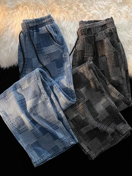 Mafokuwz Клетчатые джинсы Мужские летние прямые джинсовые брюки в пол оверсайза Унисекс Kpop Модные повседневные широкие брюки премиум-класса