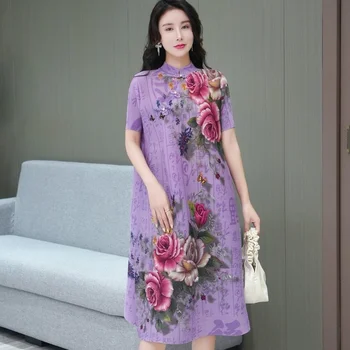 Miyake плиссированное улучшенное платье Чонсам в стиле Ретро 2023, новое летнее модное свободное женское элегантное платье для выпускного вечера с цветочным принтом пиона