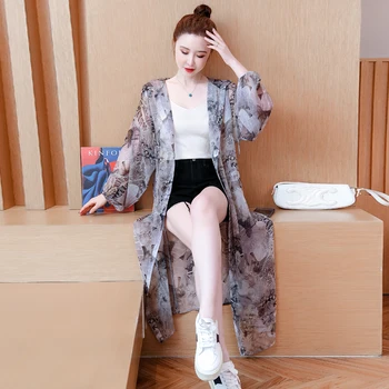 TingYiLi Винтажный Шифоновый кардиган с капюшоном и длинным Макси-кардиганом с принтом, Женская Тонкая рубашка с длинным рукавом, пальто, свободный топ в Корейском стиле