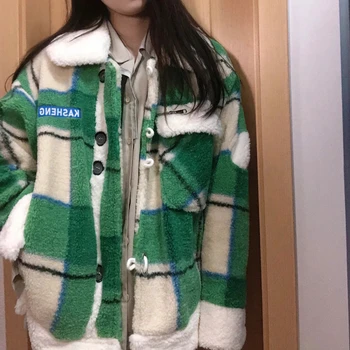 Y2K старинные зимние поло зеленый плед толстый овечьей шерсти куртка женская пальто корейский ветровки мода уличная хип хоп негабаритный повседневный