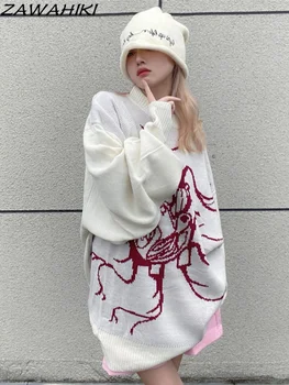 Y2k Эстетика Свитер С Мультяшным Принтом 2000-х Harajuku Kawaii Пуловер Гранж Fairycore Сладкий Джемпер E-girl Белый Трикотаж