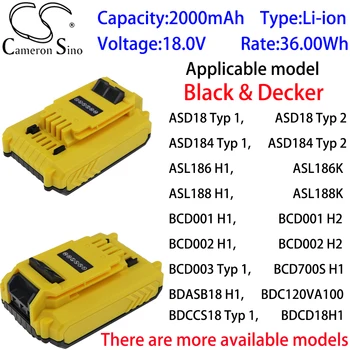Аккумулятор Cameron Sino Ithium 2000 мАч 18,0 В для Black & Decker ASD18Typ 1, ASD18Typ 2, ASD184 Typ 1, ASD184Typ 2, ASL186 H1, ASL186K