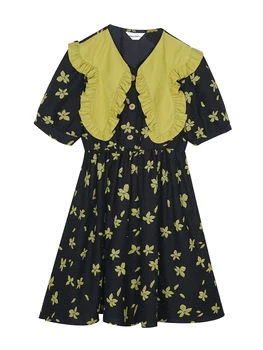 Весна 2023, Французское платье контрастного цвета с кукольным воротником в виде листьев Лотоса, женское повседневное платье в стиле принцессы с пышными рукавами, женская одежда