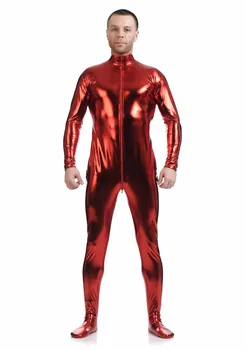 Взрослый металлический костюм Зентай для всего тела, мужские боди из лайкры, комбинезоны из спандекса, блестящие боди Зентай на молнии в промежности