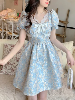 Винтажное Лето 2023, Повседневное платье в стиле Лолиты с пышными рукавами, Кавайная одежда, Цельное мини-платье для женщин, Корейское Элегантное