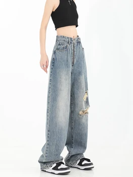 Винтажные уличные джинсы Женские Y2K, рваные джинсовые брюки с высокой талией, женские 2023, Новый дизайн, свободные широкие брюки