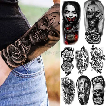 Временные татуировки черного гангстера для женщин И девочек, Реалистичная Роза, Цветок, Крест, Череп, Тигр, Поддельная татуировка, наклейка на руку, Тату на тело, сделай сам