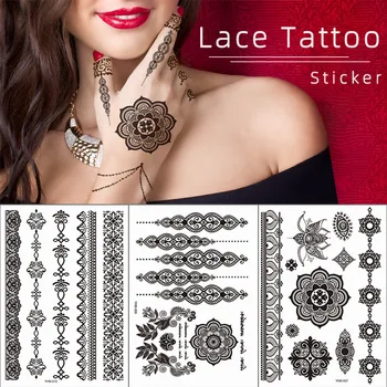 Временные татуировки черной хной для женщин, трафареты Менди, поддельные браслеты, ювелирные изделия, наклейка с татуировкой хной, водонепроницаемое боди-арт