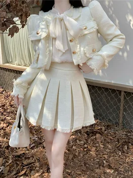 Высококачественный французский винтажный комплект из двух предметов с небольшим ароматом, женская короткая куртка, пальто + плиссированная юбка, костюмы люксового бренда, комплект из 2 предметов
