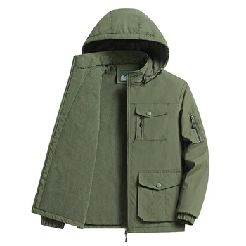 Демисезонная теплая куртка с капюшоном на флисовой подкладке, мужское пальто, водонепроницаемая куртка, ветровка с капюшоном для пеших прогулок и путешествий, размер Oversize