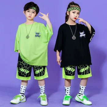Детская одежда в стиле хип-хоп с графическим рисунком, футболка оверсайз, летние шорты с принтом для девочек и мальчиков, одежда для джазовых танцев, одежда для джазовых танцев