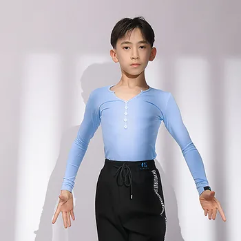 Детская рубашка для латиноамериканских танцев для мальчиков, синие, черные, белые топы с длинными рукавами и V-образным вырезом, Профессиональная одежда для соревнований по джазу, румбе и Чаче G5070