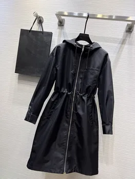 Длинное пальто с капюшоном, застежка-молния, шнуровка на талии, коллекция 