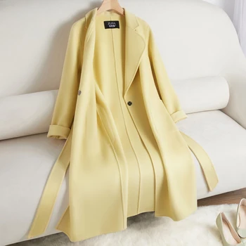 Желтое двустороннее кашемировое пальто для женщин water ripple, Новое приталенное длинное пальто с воротником выше колена