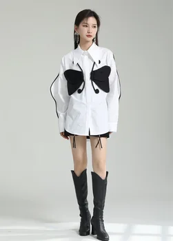 Женская рубашка Zhongchuang Rizhen, нишевая рубашка тяжелой промышленности с объемной бабочкой, однорядная свободная рубашка контрастного цвета с