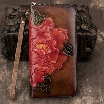Женский кошелек-клатч с цветочным рисунком, сумка на молнии, женские клипсы для кредитных карт с тиснением, длинный кошелек из натуральной кожи, сумки для денег на запястье