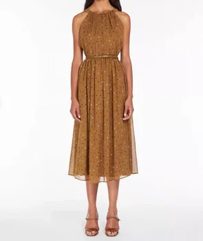 Женское длинное шелковое платье с круглым вырезом и классическим принтом в горошек