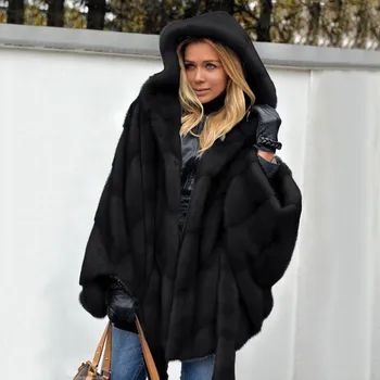 Женское пальто из искусственного меха, роскошная элегантная теплая верхняя одежда с однотонными рукавами, темпераментная куртка с капюшоном