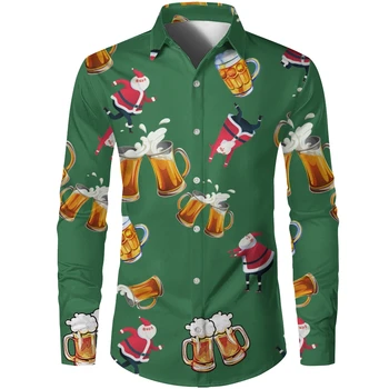 Зеленые Рождественские элементы с рисунком 3D печать Гавайская мужская рубашка с длинным рукавом и пуговицами на лацканах Повседневная удобная рубашка на каждый день
