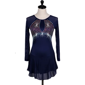 Индивидуальная соревновательная юбка для катания на коньках с длинным рукавом для девочек, катающихся на коньках, темно-синее женское платье для фигурного катания TXH-B027