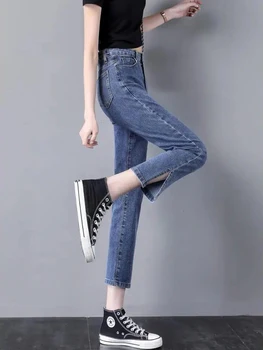 Классические джинсы с разрезом сбоку, весна-осень, эластичные прямые брюки с высокой талией, Женские Корейские модные брюки-стрейч длиной до щиколоток