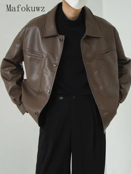 Кожаная куртка Mafokuwz, осень-зима, Новая винтажная корейская уличная одежда, мужская короткая куртка свободного покроя с лацканами, модный топ