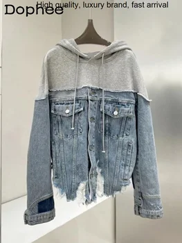 Модная джинсовая толстовка в стиле пэчворк, пальто, женская осенне-зимняя одежда 2023 года, Рваная джинсовая куртка с открытыми пуговицами, топ Y2k