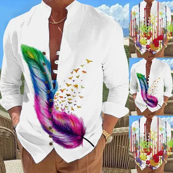Мужская пляжная рубашка Camisa с цифровым 3D-принтом, свободный воротник-стойка, топ с длинным рукавом и 3D-принтом.