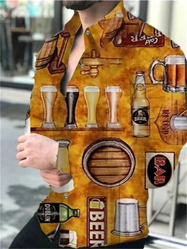 Мужская рубашка 2023 года, повседневная рубашка с геометрическим рисунком черепа и пива, рубашка с отворотом и пуговицами, уличная Мягкая Удобная весна-лето