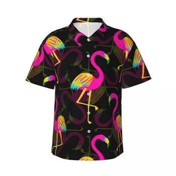 Мужская рубашка, яркая тропическая экзотическая рубашка с фламинго, короткий рукав, Летняя рубашка, Мужская рубашка с отложным воротником и пуговицами, мужская одежда