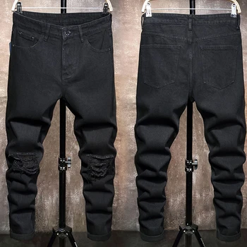 мужские джинсы Denim 2023, Новый бренд Tide, облегающие брюки-карандаш с дырками, молодежные повседневные длинные брюки в стиле хип-хоп