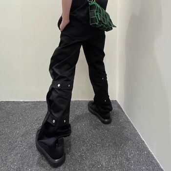 Мужские джинсы Harajuku с ремешком на пуговицах сзади в стиле Vibe, прямые мешковатые повседневные черные джинсовые брюки Y2K, брюки-карго в стиле хип-хоп оверсайз