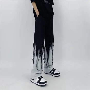 Мужские джинсы High Street в стиле хип-хоп контрастного цвета с кисточками, свободная модная Японская уличная одежда, хиппи, свободная повседневная темная одежда в стиле пэчворк