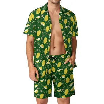 Мужские комплекты Bright Fruit, зеленый, желтый, лимонный, Модный комплект повседневной рубашки, Шорты с коротким рукавом, костюм для летних каникул, плюс размер 3XL