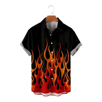 Мужские повседневные рубашки для отпуска Highstreet Flame Print Повседневные рубашки с коротким рукавом Прохладные летние топы Винтажные дышащие