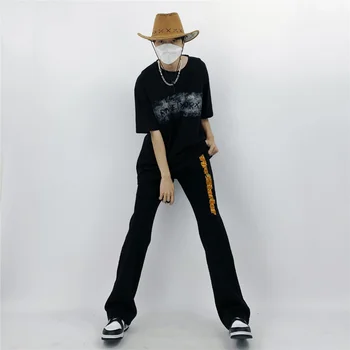 Мужские черные джинсы в стиле Хип-хоп, весна, принт с вышивкой Темным пламенем, Прямые брюки, Летняя уличная одежда Y2k, Свободные расклешенные брюки Унисекс