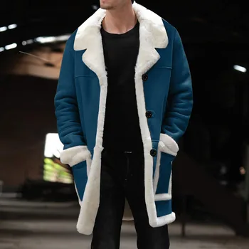 Мужское зимнее пальто большого размера с воротником-лацканом, кожаная куртка с длинным рукавом, винтажное утепленное пальто, зимняя одежда из овчины для мужчин