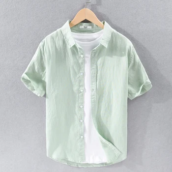 Новое поступление, дизайнерская льняная рубашка с коротким рукавом, мужская брендовая мода, мужские рубашки из льна с отложным воротником, небесно-голубая рубашка, мужская сорочка