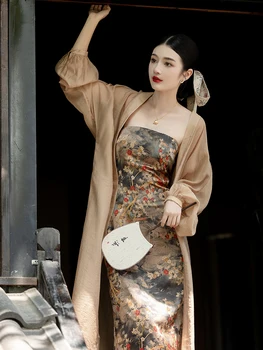 Новое усовершенствование женского платья китайского дзен Ципао в китайском стиле Ретро, картина маслом, платье-бюстгальтер, кардиган с юбкой из двух частей