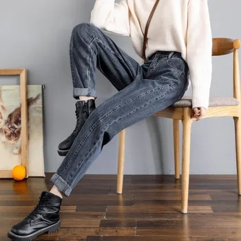 Новые эластичные брюки с высокой талией, прямые брюки-шаровары, джинсовые манжеты, плиссированные шаровары, повседневные свободные джинсы с набивкой.