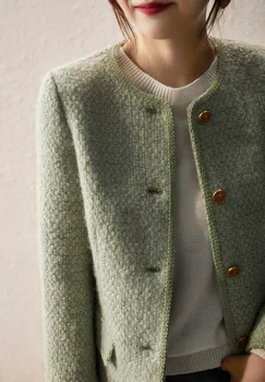 Осенняя одежда, женские классические зеленые пальто, Твидовые короткие куртки ручной работы из искусственной шерсти, Тонкая верхняя одежда, женская шерстяная женская одежда