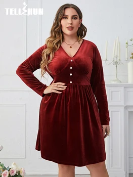 Плиссированное платье миди с длинным рукавом и V-образным вырезом, оборками по низу, женское осеннее однотонное красное элегантное вечернее платье, повседневная уличная одежда, Vestido больших размеров