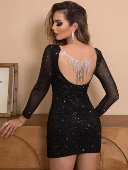 Сексуальное черное вечернее платье с кисточками, Женское платье с открытой спиной и длинным рукавом, женское Облегающее Летнее Элегантное клубное Женское платье