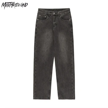 Флисовые джинсы в американском стиле, мужские Уличные Свободные Застиранные Старые джинсовые брюки, повседневные прямые укороченные брюки, Зима 2023, Черный