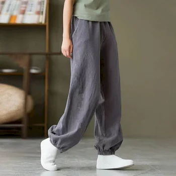 Хлопковые льняные брюки-фонарики, женские винтажные Свободные Корейские модные брюки, женские повседневные мешковатые брюки оверсайз с эластичной талией