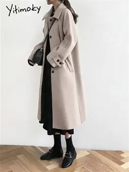 Шерстяные пальто Yitimoky с отложным воротником для женщин Осень Зима 2022 Корейская мода Куртки оверсайз Женская шикарная длинная верхняя одежда