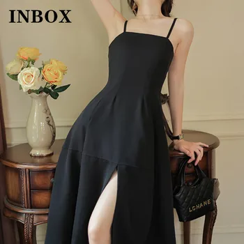 Шикарное простое французское длинное платье с разрезом, летнее черное платье без рукавов на бретельках от Хепберн, трапециевидное платье без рукавов, женская одежда